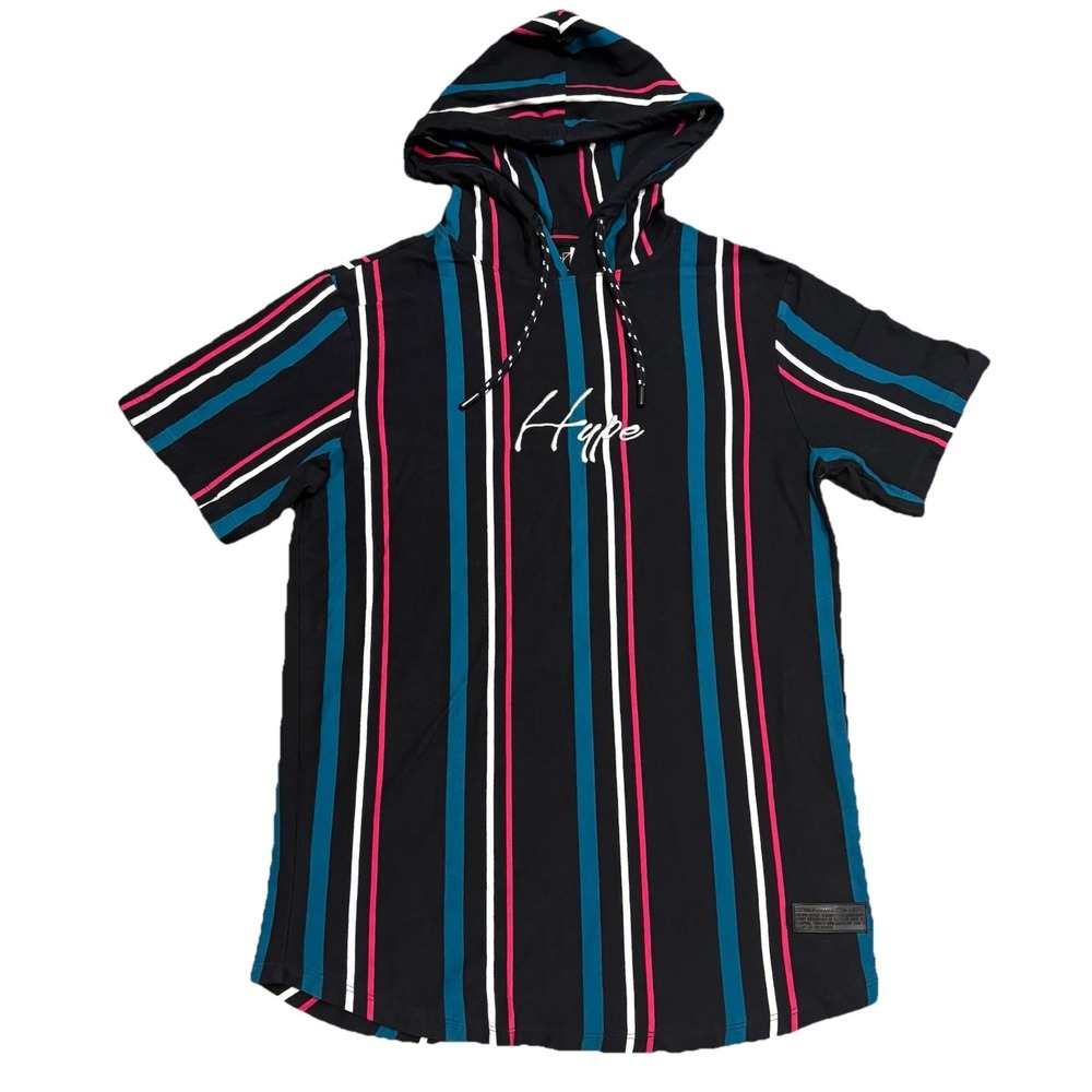 Hype Striped Hooded T Shirt Men Small Black Pink Blue Short Sleeve Streetwear